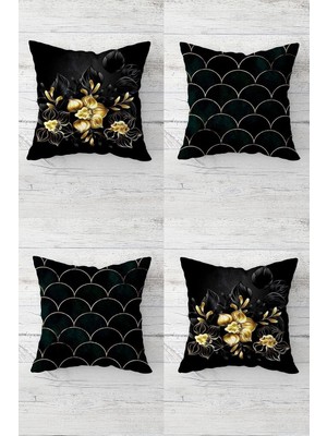 Renas Store Pelangi Gold Gül Desenli Gizli Fermuarlı Kırlent Kılıfı Koltuk Yastık Kılıfı TAKIM(4ADET), Siyah-Gold 45 x 45
