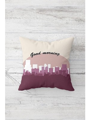 Renas Store Pelangi Good Morning Şehir Temalı Çift Tarafı Baskı Gizli Fermuar Yastık Kılıfı Kırlent Koltuk Yastık Kılıfı, Gül Kurusu 45 x 45