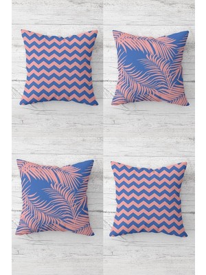 Renas Store Pelangi Zigzag ve Tropikal Yaprak Desenli Gizli Fermuarlı Kırlent Kılıfı Koltuk Yastık Kılıfı TAKIM(4ADET), Pembe-Mavi 45 x 45