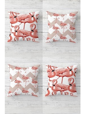 Renas Store Pelangi Flamingo Zigzag Desenli Gizli Fermuarlı Kırlent Kılıfı Koltuk Yastık Kılıfı TAKIM(4ADET), Beyaz-Pembe 43 x 43