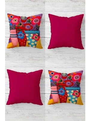 Renas Store Pelangi Saksıdaki Çiçekler Desenli Gizli Fermuarlı Kırlent Kılıfı Koltuk Yastık Kılıfı TAKIM(4ADET), Fuşya 45 x 45