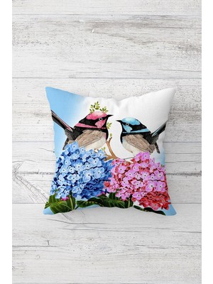 Renas Store Pelangi Ortanca Çiçeği ve Kuş Çift Tarafı Baskılı Gizli Fermuarlı Yastık Kılıfı Kırlent Yastık Kılıfı, Mavi-Pembe 45 x 45