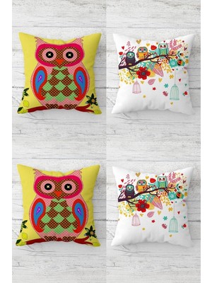 Renas Store Pelangi Sevimli Baykuş Daldaki Baykuş Desen Gizli Fermuarlı Kırlent Kılıfı Koltuk Yastık Kılıfı TAKIM(4ADET), Fuşya-Yeşil-Beyaz 45 x 45