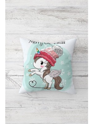Renas Store Pelangi Merry Christmas Ünicorn Çift Tarafı Baskılı Gizli Fermuarlı Yastık Kılıfı Kırlent Yastık Kılıfı, Beyaz-Turkuaz 45 x 45, 24691172045451