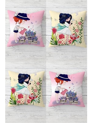 Renas Store Pelangi Çiçekleri Sulayan ve Kelebeklerle Kız Gizli Fermuar Kırlent Kılıfı Koltuk Yastık Kılıfı TAKIM(4ADET), Pembe-Sarı 45 x 45