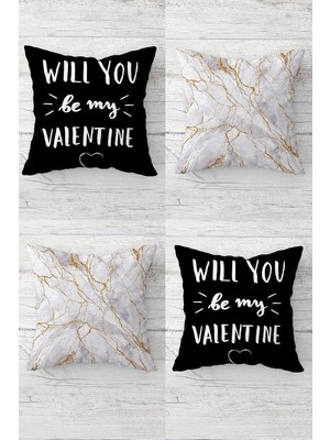 Renas Store Pelangi Will You Be My Valentine ve Mermer Gizli Fermuarlı Kırlent Kılıfı Koltuk Yastık Kılıfı TAKIM(4ADET), Siyah-Gold-Beyaz 45 x 45