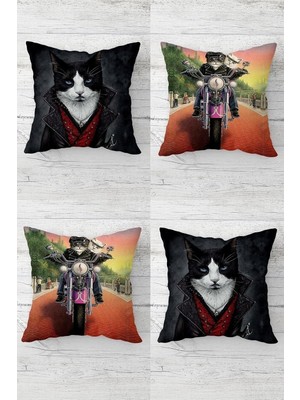 Renas Store Pelangi Karizma Kedi Motorlu Kedi Desen Gizli Fermuarlı Kırlent Kılıfı Koltuk Yastık Kılıfı TAKIM(4ADET), Gri-Kiremit 45 x 45