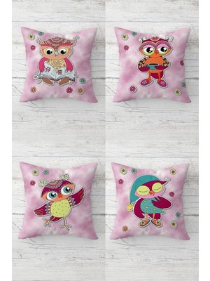 Renas Store Pelangi Sevimli Baykuşlar Desenli Gizli Fermuarlı Kırlent Kılıfı Koltuk Yastık Kılıfı TAKIM(4ADET), Açık-Koyu Pembe 45 x 45