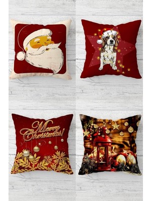 Renas Store Pelangi Noel Baba Merry Christmas Evcil Köpek Gizli Fermuarlı Kırlent Kılıfı Yastık Kılıfı TAKIM(4ADET), Kırmızı-Gold-Beyaz 43 x 43