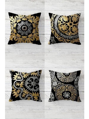 Renas Store Pelangi Gold Geometrik Şekiller Desenli Gizli Fermuarlı Kırlent Kılıfı Koltuk Yastık Kılıfı TAKIM(4ADET), Gold-Siyah 45 x 45