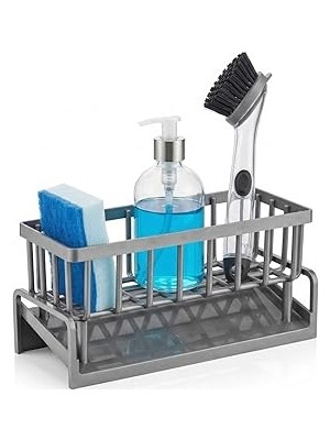 Renas Store Orret Home Lavabo Organizeri Tezgah Üstü Abs Plastik Mutfak Organizer Banyo Düzenleyici Evye Üstü Süngerlik Sabunluk Organizer Su Hazneli Gri Raf (Metalik Gri)