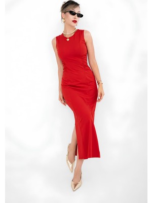 Moviment Kırmızı Büzgü Drape Detaylı Bodycon Midi Elbise | Vücuda Oturan Balık Siluet | Bisiklet Yaka Ay Kol | Esnek Micro Örme Kumaş