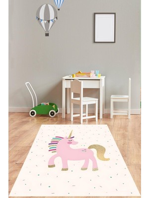 Renas Store Pelangi Pembe Tek Boynuzlu At Desenli Yıkanabilir Kaymaz Taban Leke Tutmaz Çocuk Odası Halısı, Pembe 120 x 200