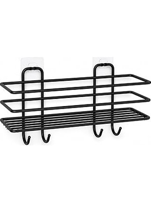 Renas Store Alper Banyo Siyah Yapışkanlı Banyo ve Mutfak Rafı, 4 Kancalı Metal Duvar Rafı, Şampuanlık ve Baharatlık Organizer, Delmeden Kolay Kurulumlu Çok Amaçlı Düzenleyici