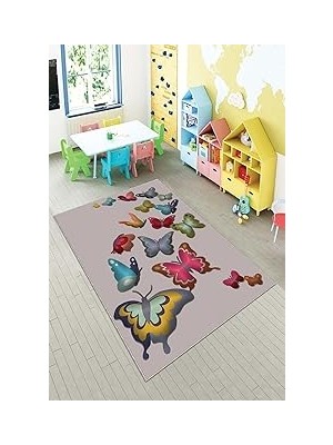 Renas Store Pelangi Gri Kelebekler Desenli Yıkanabilir Kaymaz Taban Leke Tutmazbebek ve Çocuk Odası Halısı, Gri-Pembe 80 x 350, 90135716680350