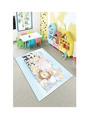 Renas Store Pelangi Mavi Hayvan Desenli Yıkanabilir Kaymaz Taban Leke Tutmazbebek ve Çocuk Odası Halısı, Açık Mavi 130 x 180, 901357053130180