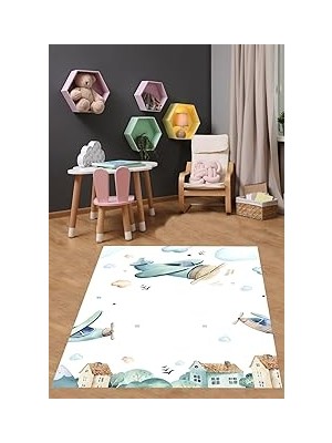 Renas Store Pelangi Uçaklar Bulutlar Yıldızlar Yıkanabilir Kaymaz Taban Leke Tutmaz Çocuk Odası Halısı, Beyaz 80 x 600, 7642010708060005