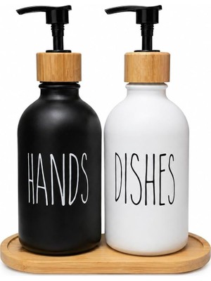 Renas Store 2’li Hands & Dishes Siyah Beyaz Cam Sabunluk Seti – Modern Minimalist Tasarım, 500 ml Kapasiteli, Bambu Standlı Dekoratif Mutfak & Banyo Sıvı Sabunluk Dispenser Seti