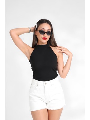 Moviment Siyah Fitted Vücuda Oturan Boyundan Bağlamalı Bluz | Büzgü Drape Detaylı Paper Touch Örme Kumaş | Kolsuz Esnek Regular Boy