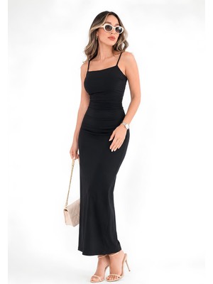 Moviment Siyah Büzgü Drape Detaylı Bodycon Maxi Elbise | Kare Yaka Vücuda Oturan Kalıp | Yırtmaçlı Paper Touch Esnek Örme Kumaş