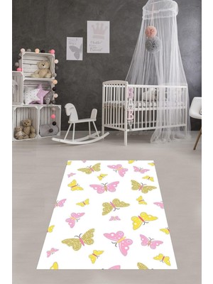Renas Store Pelangi Kelebek Şeklinde Kelebek Desenli Dijital Baskı Yıkanabilir Kaydırmaz Leke Tutmaz Çocuk Odası Halısı, Pembe-Beyaz 180 x 280