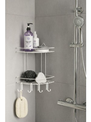 Renas Store Sas Haus Banyo Köşe Rafı Askılı Duş Organizeri ve Şampuanlık 2 Katlı Beyaz