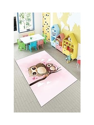 Renas Store Pelangi Pembe Kuş Desenli Yıkanabilir Kaymaz Taban Leke Tutmazbebek ve Çocuk Odası Halısı, Pembe-Kahve 80 x 600