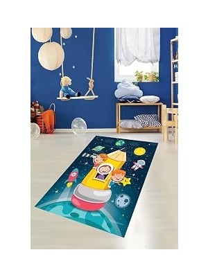 Renas Store Pelangi Kaşif Çocuklar Desenli Dijital Baskı Yıkanabilir Kaymaz Taban Çocuk Odası Halısı, Lacivert 80 x 50