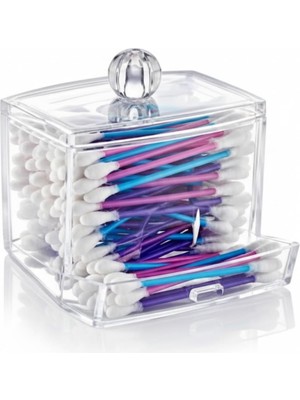 Renas Store Şeffaf Akrilik Kulak Çubuğu ve Makyaj Organizeri, Kapaklı, Çekmeceli, 9x9 Cm, Banyo Düzenleyici Kutusu