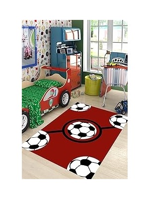 Renas Store Pelangi Futbol Topu Desenli Bordo Yıkanabilir Kaymaz Taban Leke Tutmaz Çocuk Odası Halısı, Bordo-Siyah-Beyaz 80 x 150, 9038680032180150
