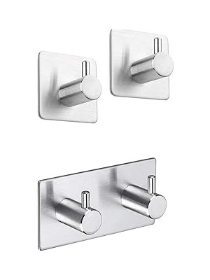 Renas Store Deltahome Paslanmaz Çelik 2 Topuzlu Bornoz Askısı ve 2 Adet Topuzlu Havluluk Set - Kendinden Yapışkanlı - Inox