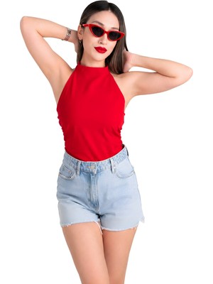 Moviment Kırmızı Fitted Vücuda Oturan Boyundan Bağlamalı Bluz | Büzgü Drape Detaylı Paper Touch Örme Kumaş | Kolsuz Esnek Regular Boy