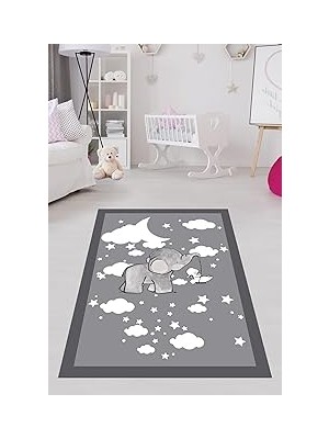 Renas Store Pelangi Gri Bulut Üzerinde Sevimli Fil ve Kuzu Yıkanabilir Kaymaz Taban Leke Tutmaz Çocuk Odası Halısı, Gri 120 x 160, 90386800572120160