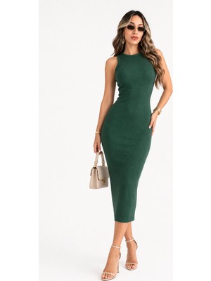 Moviment Yeşil Fitilli Bodycon Midi Kalem Elbise | Halter Yaka Vücuda Oturan Esnek Kesim | %98 Pamuk Kaşkorse Örme Kumaş