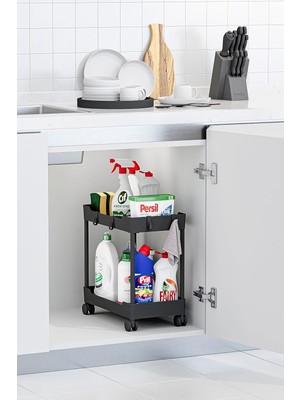 Renas Store Siyah 2 Katlı Tekerlekli Düzenleyici Mutfak ve Banyo Rafı