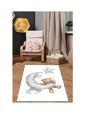 Renas Store Pelangi Ayda Sallanan Uyuyan Ayıcık Bulut Yıldız Yıkanabilir Kaymaz Taban Leke Tutmaz Çocuk Odası Halısık, Gri-Beyaz 80 x 150, 7642023801501