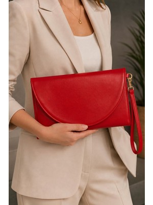 CLASSBAG Kadın Kırmızı Zarif Zarf Model, Bilek Askılı Orta Boy Portföy Clutch Çanta (30CMX19CM)