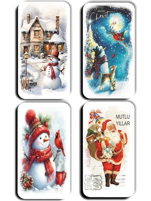 Renas Store 4 Lü Simli Magnet Yılbaşı Yeniyıl Noel Bbaba Kardan Adam Çam Ağacı Manzara Hediye Magnetler (5,5 x 11 Cm)