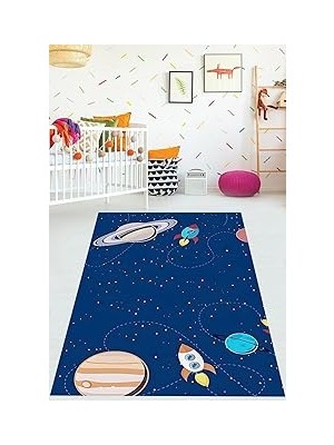 Renas Store Pelangi Gezegen Desenli Eğitici Yıkanabilir Kaymaz Taban Leke Tutmaz Çocuk Odası Halısı, Lacivert 120 x 200, 9076420240120200