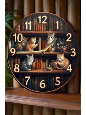 Renas Store Sessiz Yuvarlak Ahşap Duvar Saati Kuvars Hareketli 2d Kedi Desen SDW018,SDW018 33 x