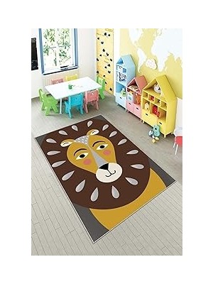 Renas Store Pelangi Gri Aslan Desenli Çocuk Yıkanabilir Kaymaz Taban Leke Tutmazbebek ve Çocuk Odası Halısı, Kahverengi-Taba 80 x 500, 90135704680500