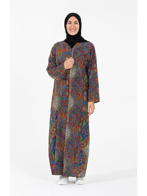Renas Store Etnik Desenli Kruvaze Namaz Elbisesi –%100 Viskon, Yandan Bağlamalı 36-46 Beden (Mavi, 1)
