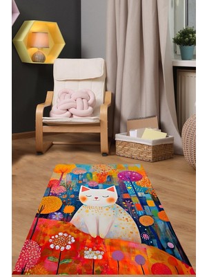 Renas Store Pelangi Minimalist Sanat Sevimli Kedi Yıkanabilir Kaymaz Taban Leke Tutmaz Çocuk Odası Halısı, Turuncu 180 x 250