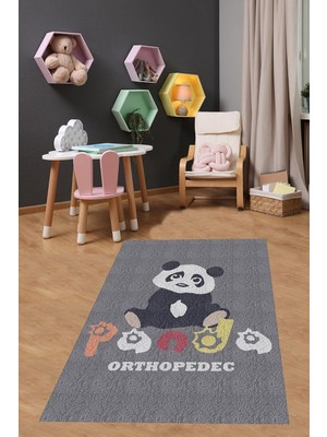 Renas Store Pelangi Sevimli Panda Gri Yıkanabilir Kaymaz Taban Leke Tutmaz Çocuk Odası Halısı, Siyah-Beyaz-Gri-Turuncu 80 x 350, 9038680056280350