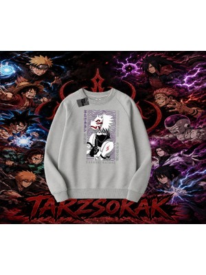 Tarzsokak Kakashi Hatake Naruto Anime Karakteri Oversize Unisex Bisiklet Yaka Sweatshirt Beyaz
