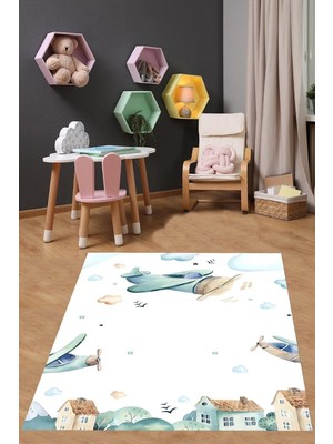Renas Store Pelangi Uçaklar Bulutlar Yıldızlar Yıkanabilir Kaymaz Taban Leke Tutmaz Çocuk Odası Halısı, Beyaz 80 x 600, 7642010708060005
