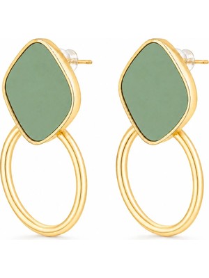 Zeino Yeşil Detaylı Halkalı Sallantılı Küpe  - 925 Ayar Gümüş Çivili - 14K Altın Kaplama - 34 mm