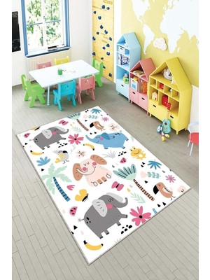 Renas Store Pelangi Beyaz Sevimli Hayvanlar Desenli Yıkanabilir Kaymaz Taban Leke Tutmazbebek ve Çocuk Odası Halısı, Beyaz-Gri 120 x 160, 901357047120160