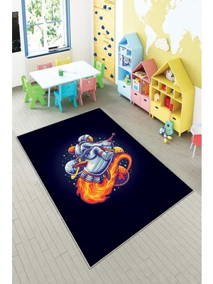 Renas Store Pelangi Lacivert Astronot Desenli Yıkanabilir Kaymaz Taban Leke Tutmazbebek ve Çocuk Odası Halısı, Lacivert 100 x 350, 901357074100350