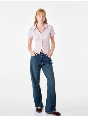 Koton Regular Fit Kısa Kollu Düğmeli Bürümcük Kumaş Polo Yaka Bluz